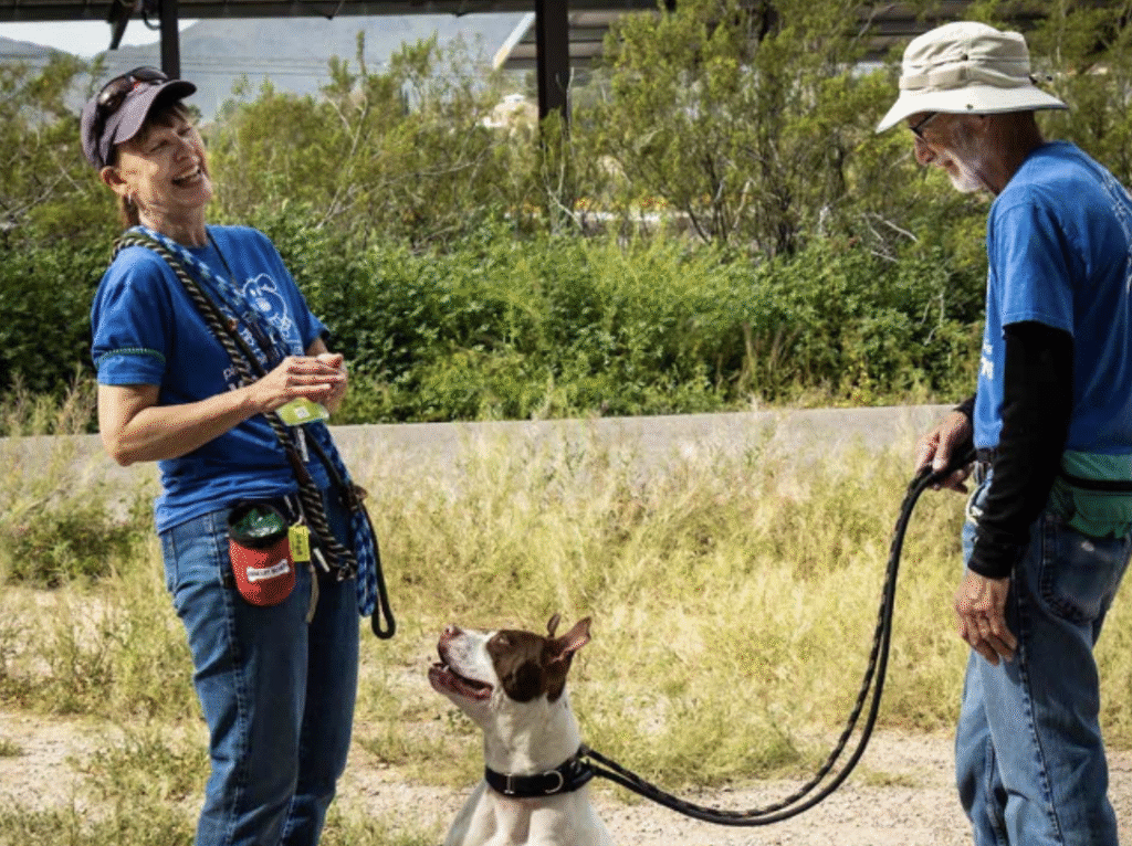 Volunteers helping with a dog